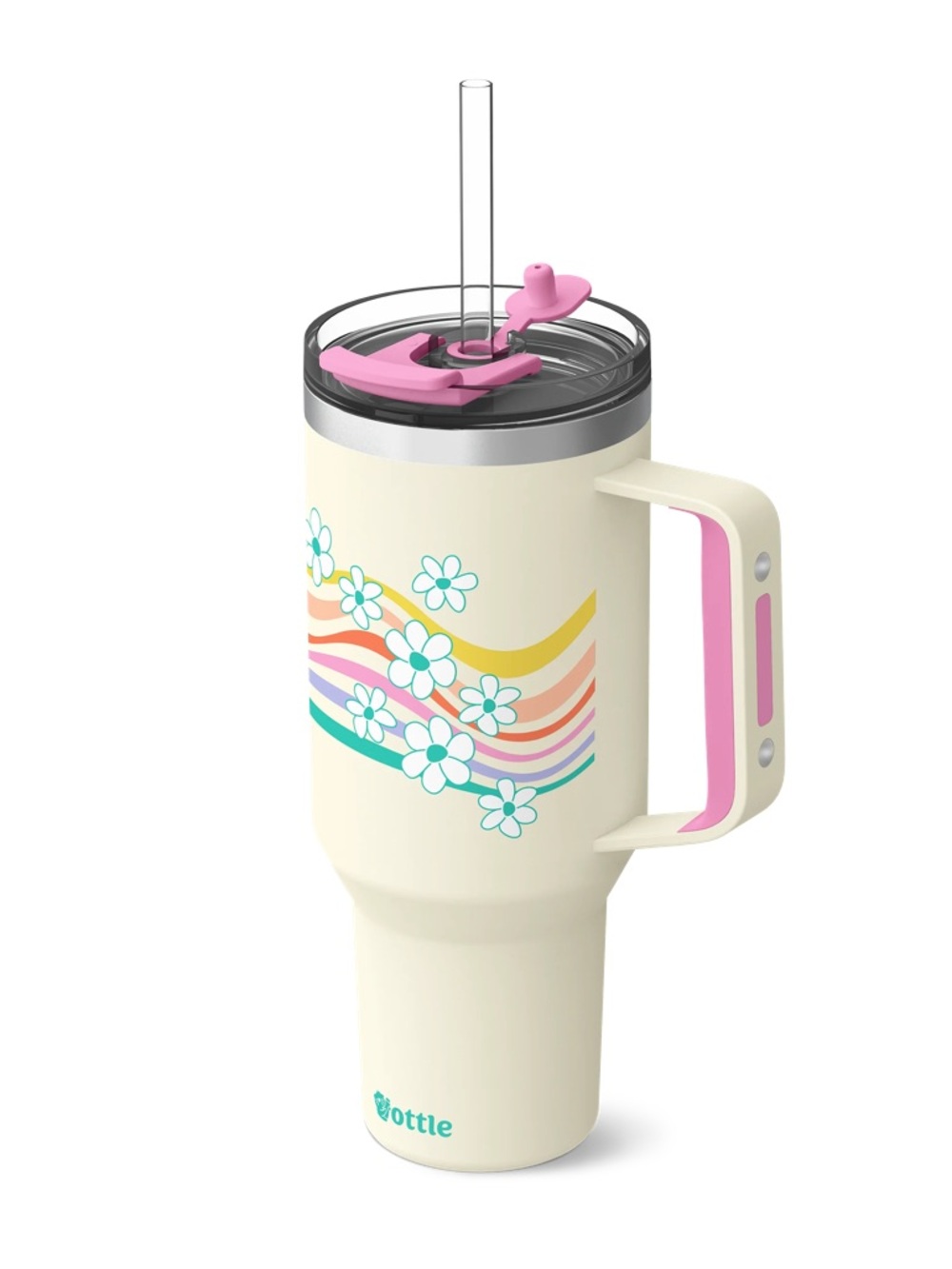 NEW 40 oz Ottle Cream Floral Retro Wavy Stripe Travel Tumbler with Pink Handle